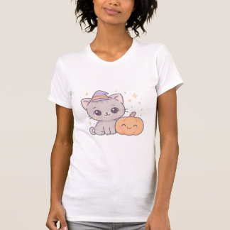 Katt med häxhatt och leende pumpa söt och kuslig t shirt