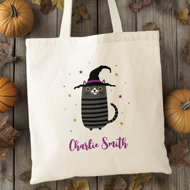 Katt med häxhatt och namn söt Halloween Tygkasse (Cat with witch hat and name cute Halloween Tote Bag)