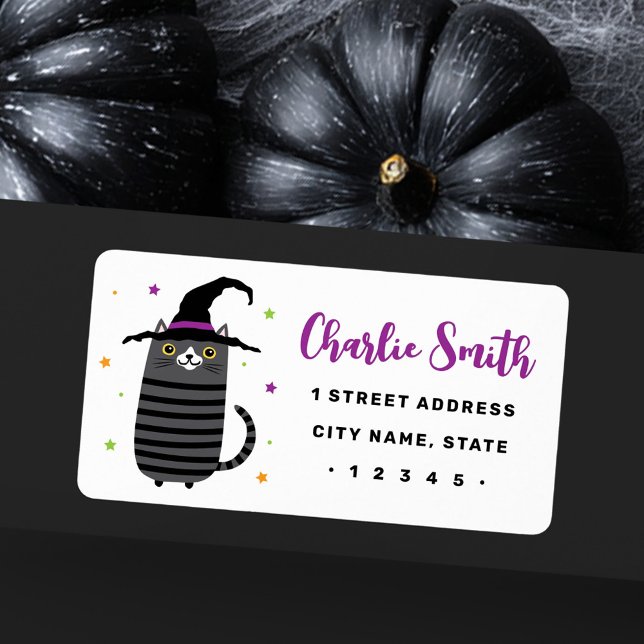 Katt med häxhatt söt Halloween-returadress Adressetikett (Cat with witch hat cute Halloween return address Label)