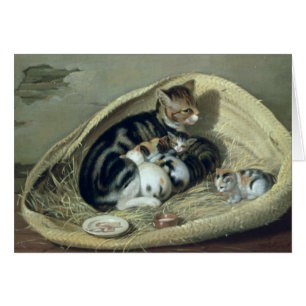 Katt med henne kattungar i en basket, 1797 hälsningskort
