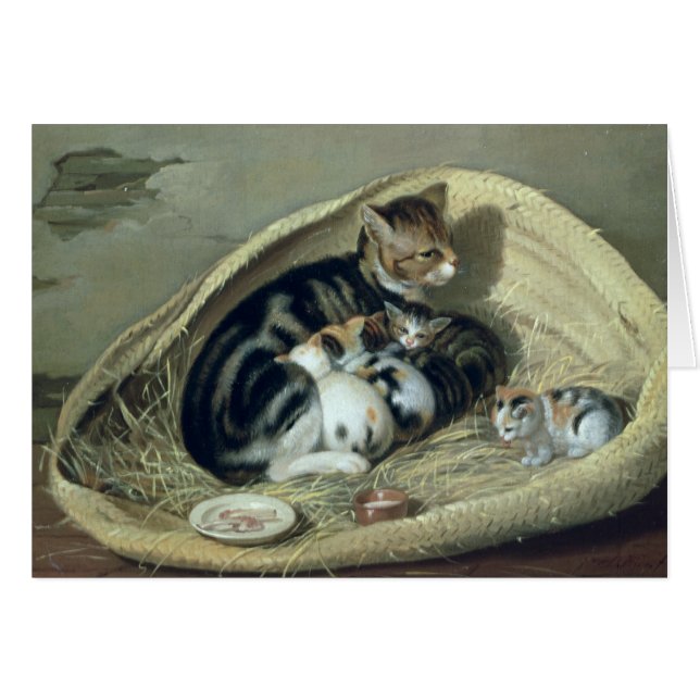 Katt med henne kattungar i en basket, 1797 hälsningskort (Framsidan Horizontal)