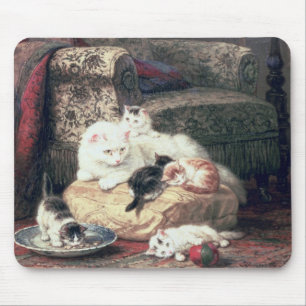 Katt med henne kattungar på en dämpa musmatta