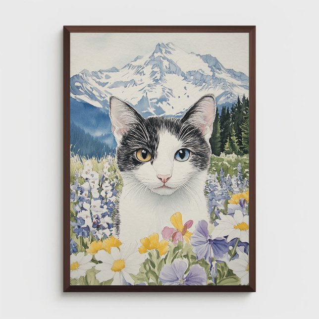 Katt med heterokromi i ett fält med vilda blommor poster (Skapare uppladdad)