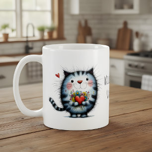 Katt med hjärta, blommor Vill du vara min Valentin Kaffemugg