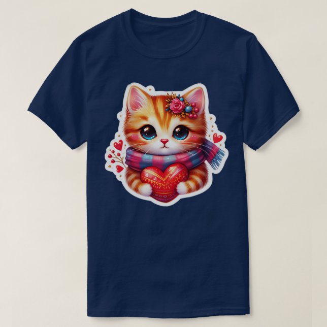 Katt med hjärtsöta djur valentines day TShirt T Shirt (Design framsida)
