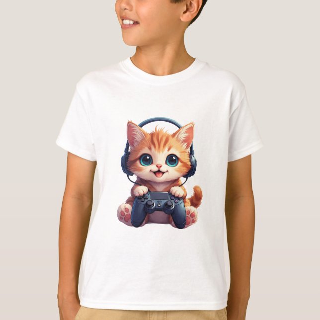 Katt med hörlurar och handkontroll t shirt (Framsida)