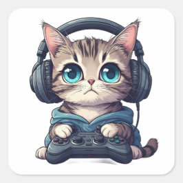 Katt med hörlurar och spelkontroll fyrkantigt klistermärke