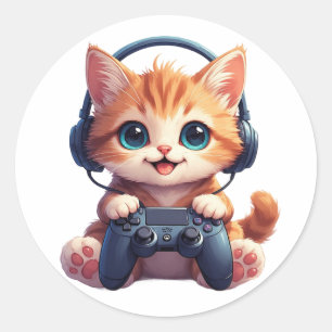 Katt med hörlurar och spelkontroll runt klistermärke