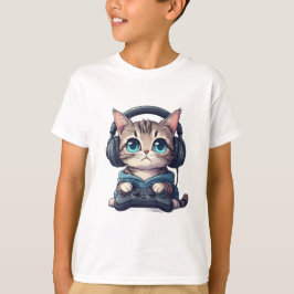 Katt med hörlurar och spelkontroll t shirt