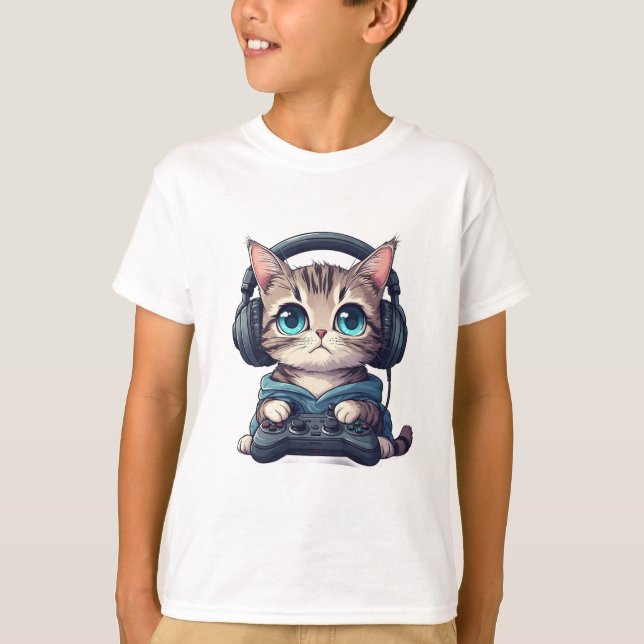 Katt med hörlurar och spelkontroll t shirt (Framsida)