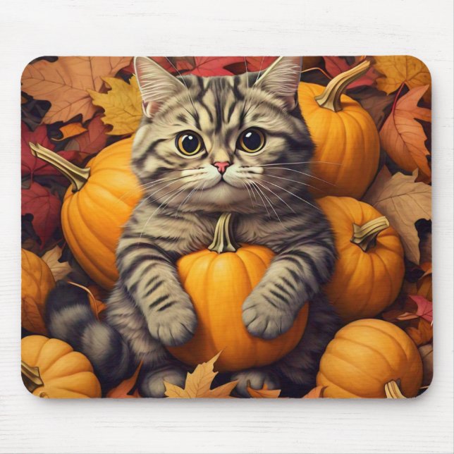 Katt med Höst löv och pumpkins Mouse Pad Musmatta (Framsidan)