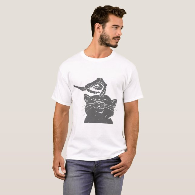 Katt med humant skelett på handen - välj tillbaka  t shirt (Hel framsida)
