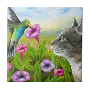 Katt med Hummingbird 591 Kakelplatta