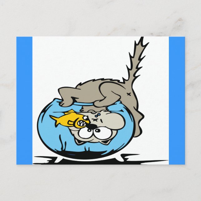 Katt med huvudet fast i en fiskskål vykort (Framsida)