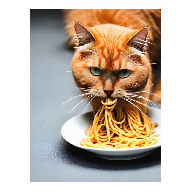 Katt med ingefärafärg som äter spaghetti fototryck (Framsidan)