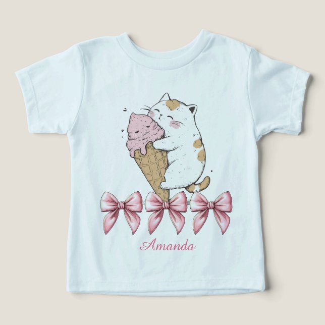Katt med iskräm Cone och Namn Småbarn T-Shirt (Design Framsida)