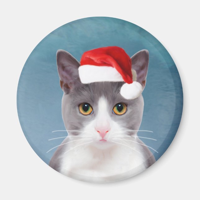 Katt med jultomten Hat jul Porträtt Magnet (Framsidan)