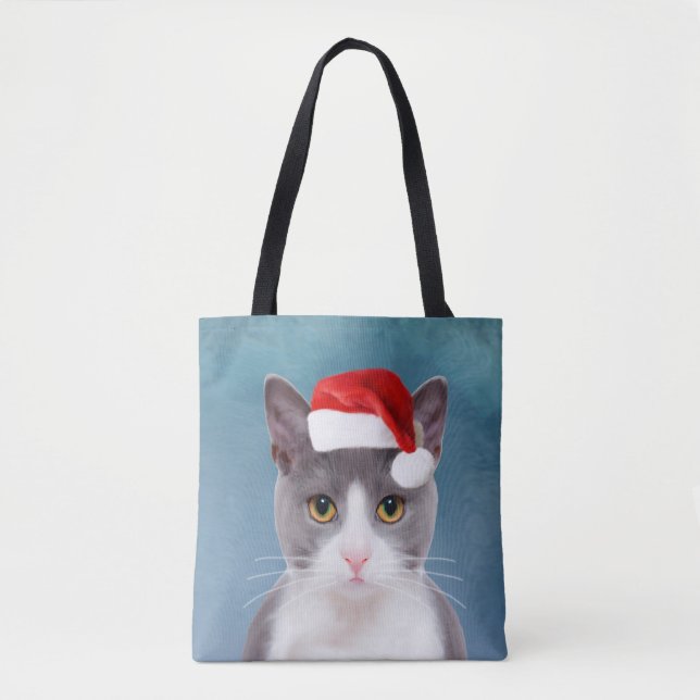 Katt med jultomten Hat jul Porträtt Tygkasse (Framsida)