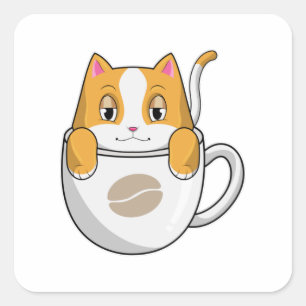 Katt med kaffe Kopp Fyrkantigt Klistermärke
