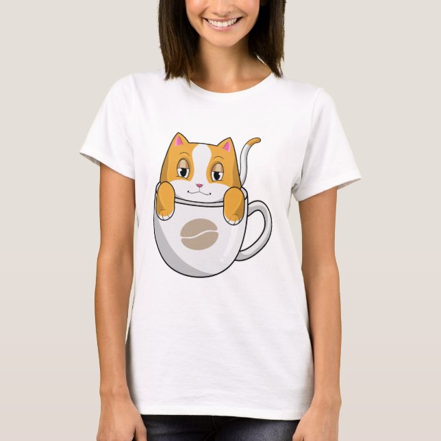 Katt med kaffe Kopp T Shirt (Framsida)