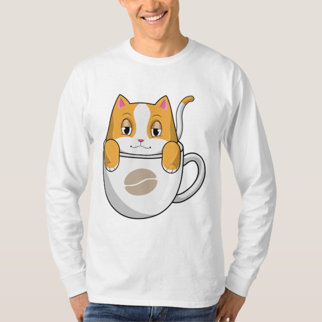 Katt med kaffe Kopp T Shirt (Framsida)