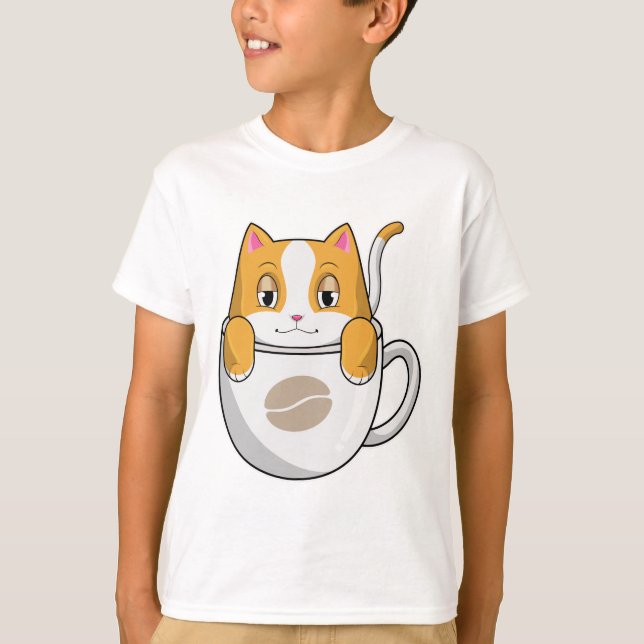 Katt med kaffe Kopp T Shirt (Framsida)