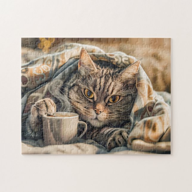 Katt med kaffe och bok i mysig filt pussel (Horisontell)