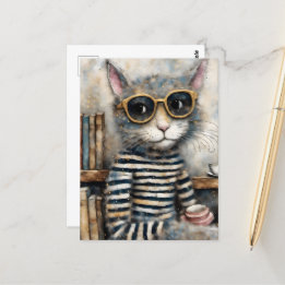Katt med kaffe vykort