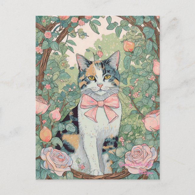 Katt med kalikoteckning och blommor vykort (Framsida)