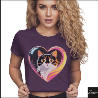 Katt med kalikotryck Hjärtram Neon Pop Art T Shirt