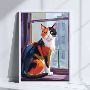 Katt med kalott   Akvariefärg Vindsill Djur Konst Poster