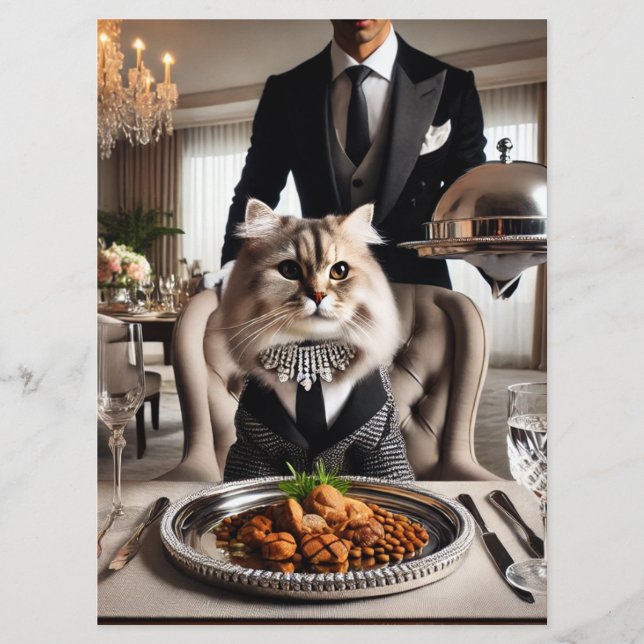 Katt med kattemat serverad av betjänt meny (Framsida)