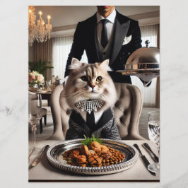 Katt med kattemat serverad av betjänt meny