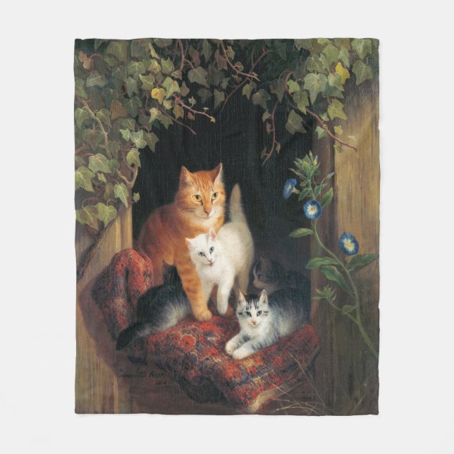 Katt med kattungar (djurkonst) fleecefilt (Framsidan)