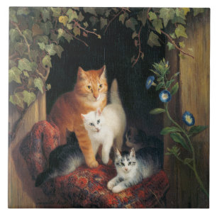 Katt med kattungar (djurkonst) kakelplatta