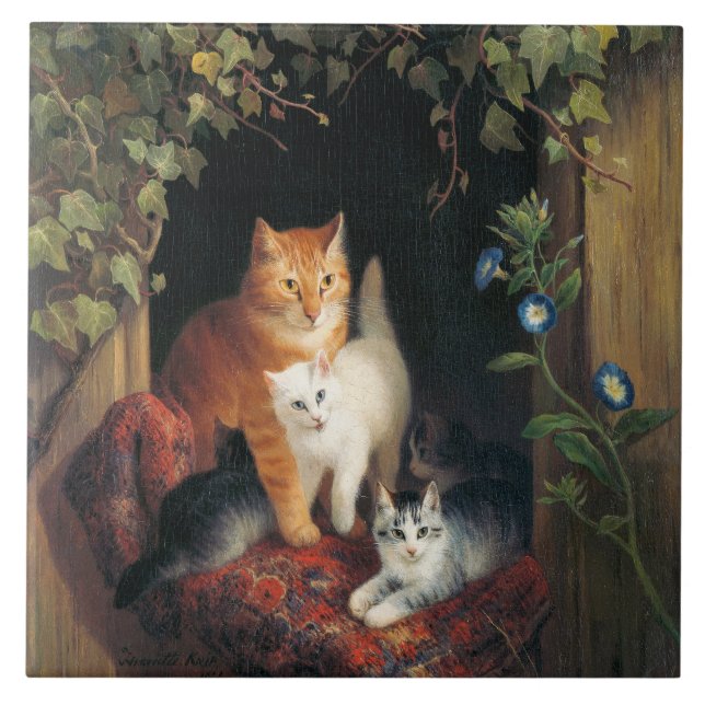 Katt med kattungar (djurkonst) kakelplatta (Framsidan)
