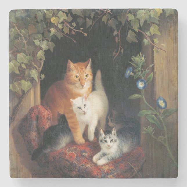 Katt med kattungar (djurkonst) stenunderlägg (Framsidan)