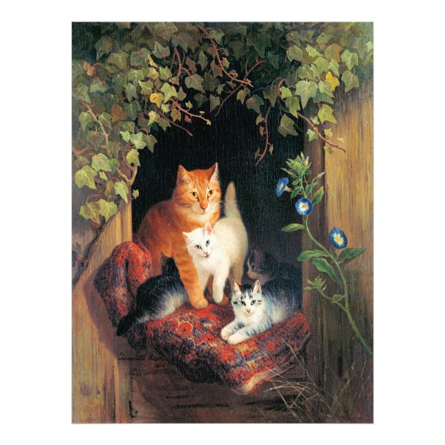 Katt med kattungar, finkonst målning, fototryck (Framsidan)