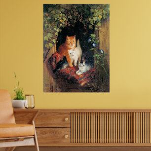 Katt med kattungar, finkonst målning, poster