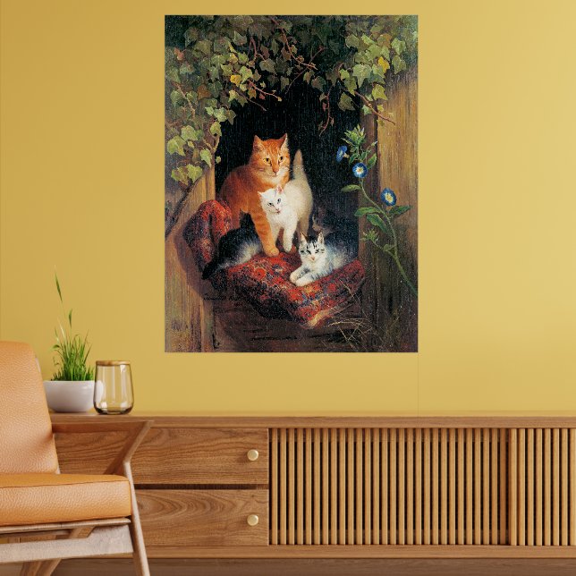 Katt med kattungar, finkonst målning, poster (Vardagsrum 2)