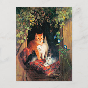 Katt med kattungar, finkonst målning, vykort