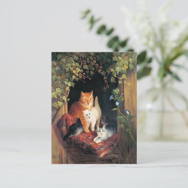 Katt med kattungar, finkonst målning, vykort (Stående Fram)