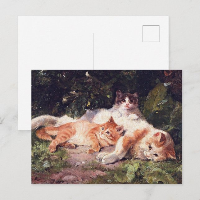 Katt med kattungar finkonst vykort (Fram/baksida)