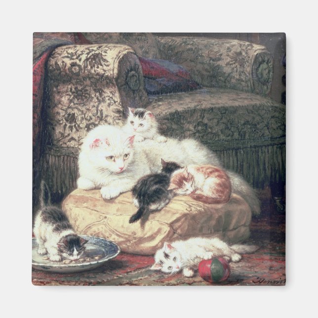 Katt med Kittens på en kushion Magnet (Framsidan)