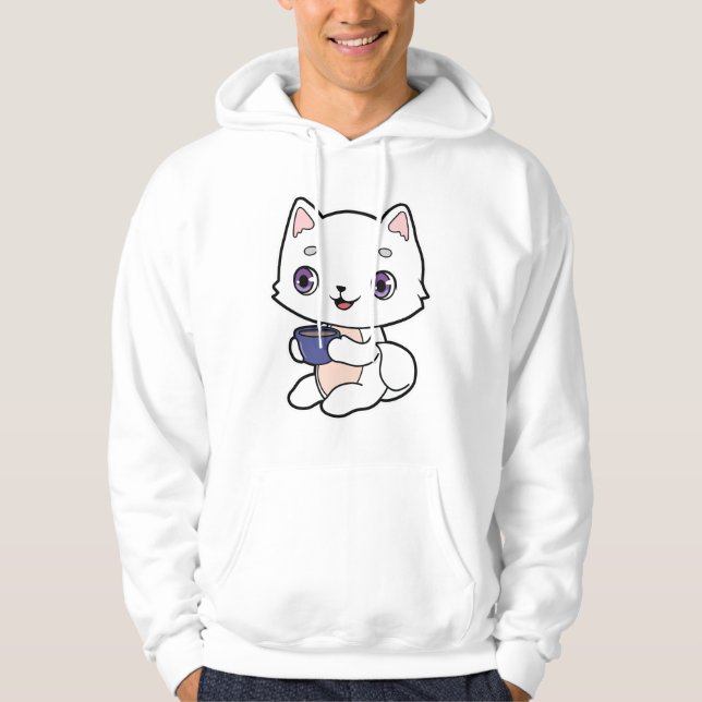 Katt med Kopp i kaffe Hoodie (Framsida)