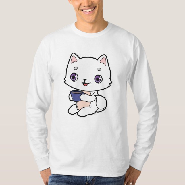 Katt med Kopp i kaffe T Shirt (Framsida)