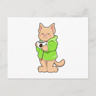 Katt med kopp kaffe och pyjamas vykort