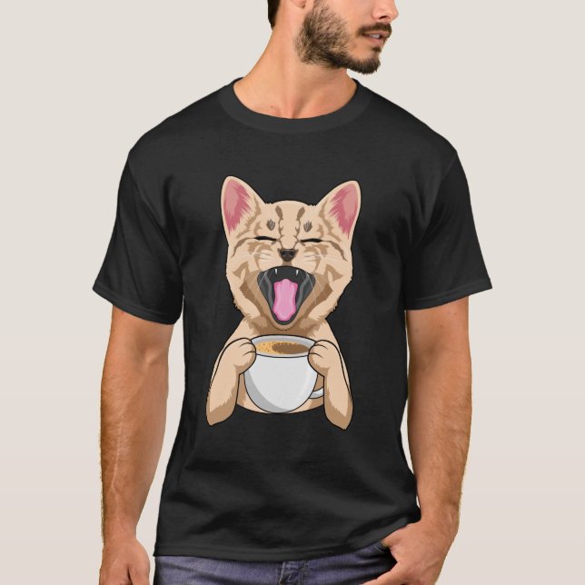 Katt med kopp kaffe t shirt (Framsida)