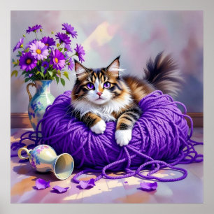Katt med lila ögon i lila garn och blommor poster