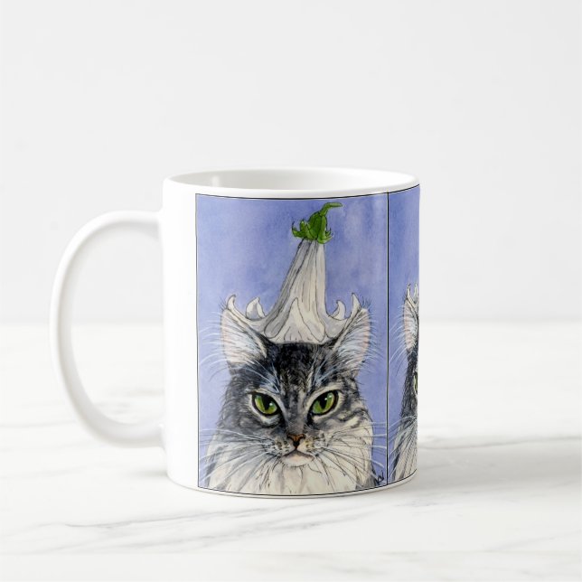 Katt med liljahattmuggen kaffemugg (Vänster)